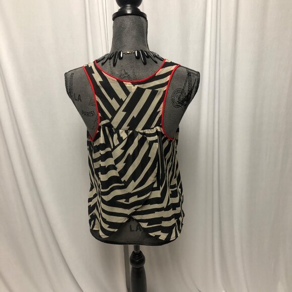 Mind Code Blouse Womens Size Medium Black Gray Red Sheer Crossover Back Artsy - Picture 4 of 6